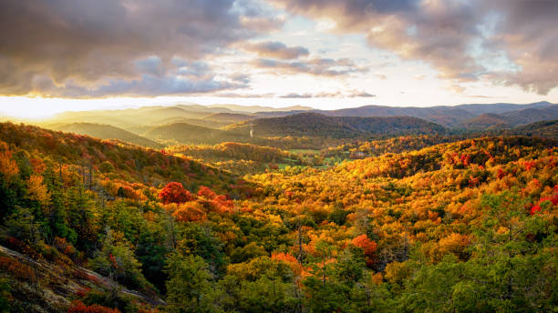 Autumn Sunset on the Blue Ridge Parkway from Flat Rock Overlook Short 8 minute hike from the Blue Ridge Flat Rock overlook.  South of Grandfather Mountain blue ridge mountains photos stock pictures, royalty-free photos & images