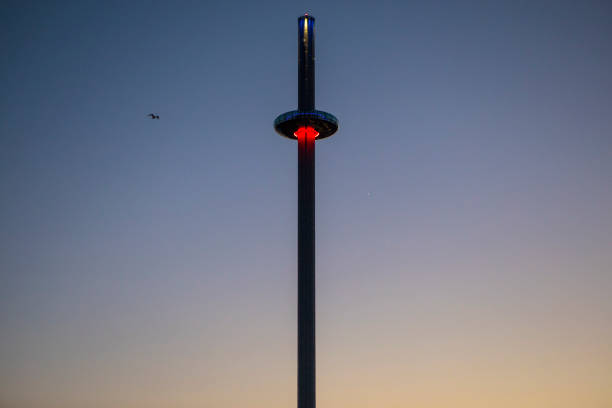 BRIGHTON, UK - MAY 4TH 2018: A dusk-time view of the British Airways i360 observation tower along the seafront in Brighton, on 4th May 2018.