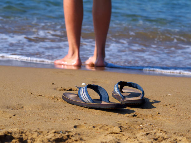 istock flippers on sand and man walking in water in background, 957875270