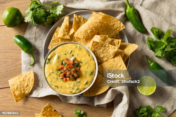 Spicy Homemade Cheesey Queso Dip Stock Photo - Download Image Now - Dipping Sauce, Chile Con Queso, Cheese Dip