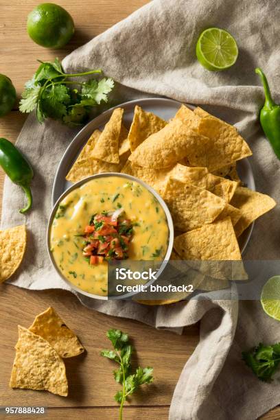 Spicy Homemade Cheesey Queso Dip Stock Photo - Download Image Now - Cheese Dip, Nacho Chip, Cheese