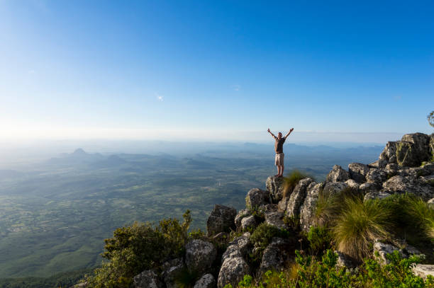 Man enjoys scenic vista at World's View Nyanga Zimbabwe stock photo