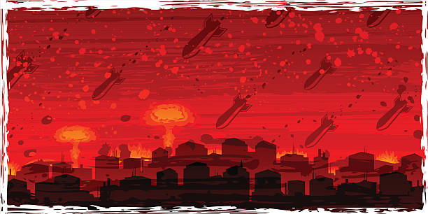 ilustrações de stock, clip art, desenhos animados e ícones de guerra nuclear-atom bombas cair na condenado city - judgement day city hydrogen bomb fire