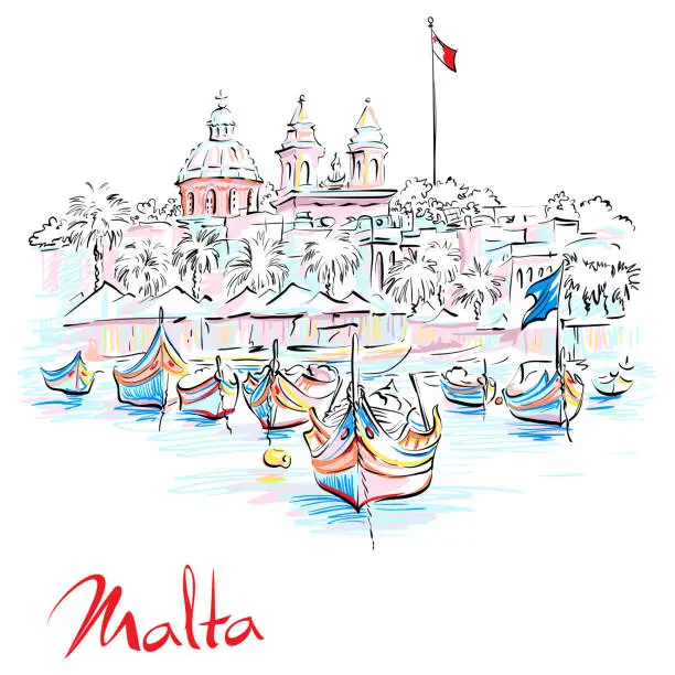 Vector illustration of Taditional eyed boats Luzzu in Marsaxlokk, Malta