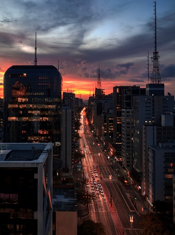 Dusk hour at Avenida Paulista in São Paulo viewed from a high point of view