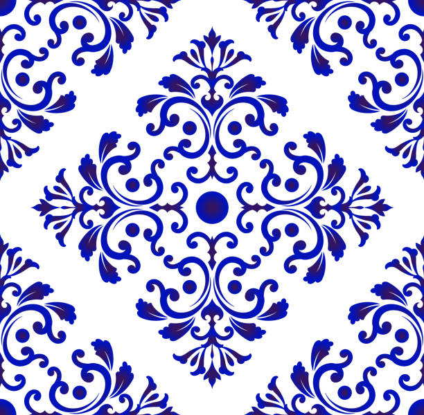 tile pattern Wallpaper in baroque style Damask floral background, flower ornament, blue and white vases, simple decoration art, ceramic tile pattern seamless vector, Chinese machine dutch baroque architecture stock illustrations