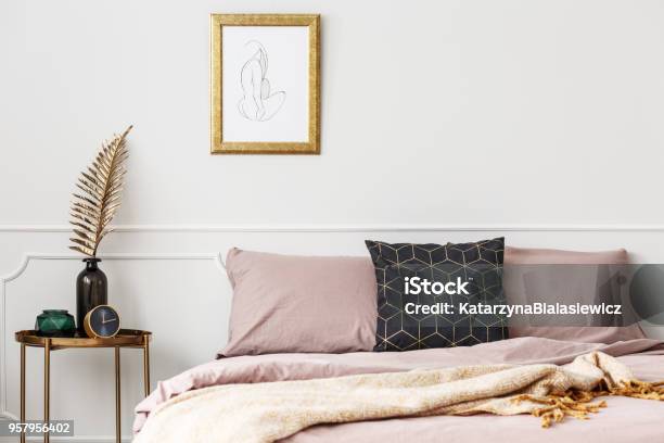 Bed With Pink Bedding Stock Photo - Download Image Now - Bedroom, Gold - Metal, Indoors