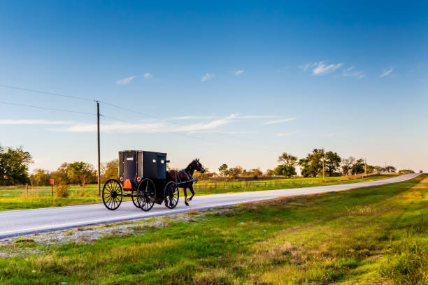 Horse and Carriage on Highway in Oklahoma Horse and Buggy on Country Highway in Oklahoma Amish Country amish photos stock pictures, royalty-free photos & images