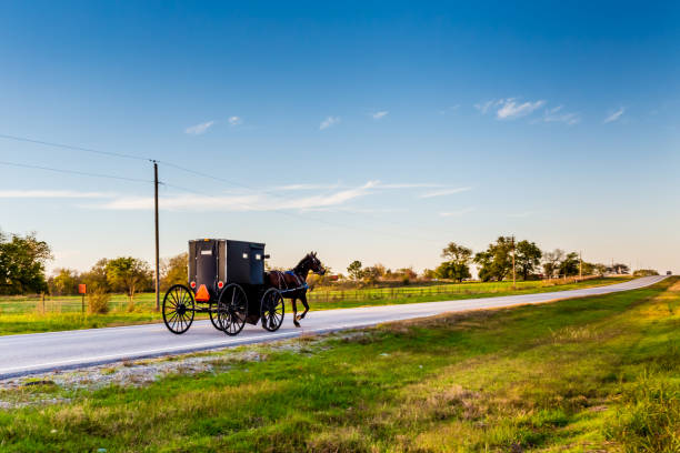 Horse and Carriage on Highway in Oklahoma Horse and Buggy on Country Highway in Oklahoma Amish Country Amish stock pictures, royalty-free photos & images
