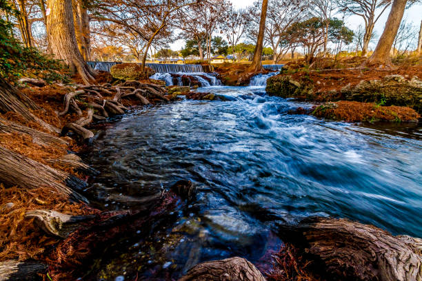 istock Clear Flowing River with Waterfall and Cypress Trees. 957971988