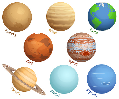 Vector illustration of the eight planets in the Solar System. Each planet is on its own layer, easily separated from the other planets in a program like Illustrator, etc. Labels are on a separate layer and may be removed easily. Illustration uses linear and radial gradients and transparencies. Includes AI10-compatible .eps format, along with a high-res .jpg.