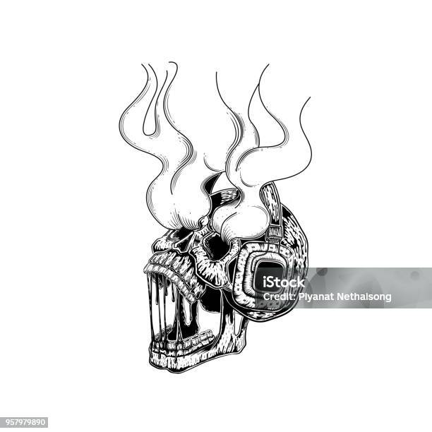 Skull With Headphones Vector Illustration Of A Skull Listening To The Music Skeleton Wearing Headphones Front View Tattoo Design Line Art Hand Draw For Poster Sticker And Card Life Is Not To Die Come To Wake Up Stock Illustration - Download Image Now