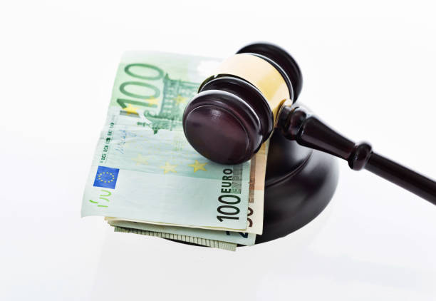 欧州通貨と白い背景の小槌 - currency gavel legal system human settlement ストックフォトと画像