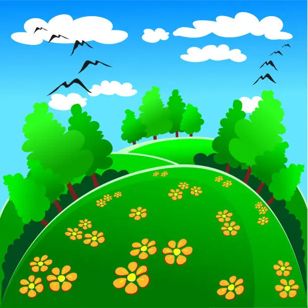 Vector illustration of Landscape with trees, lawn, flowers