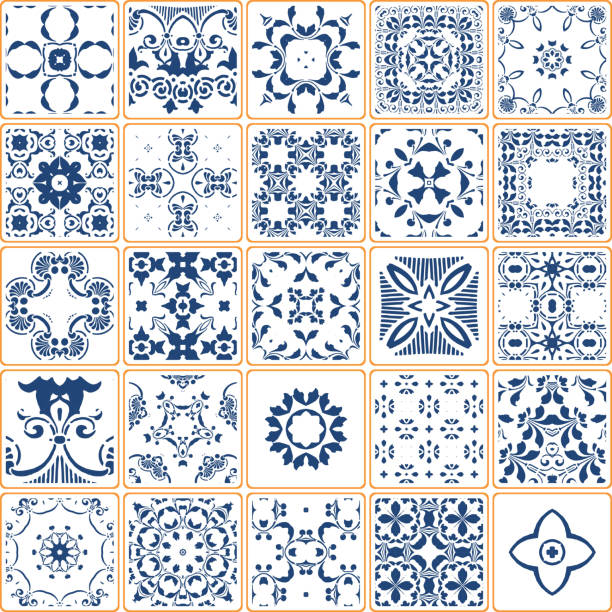 ilustrações, clipart, desenhos animados e ícones de coleção de azulejos azuis do vetor - textile blue leaf paisley