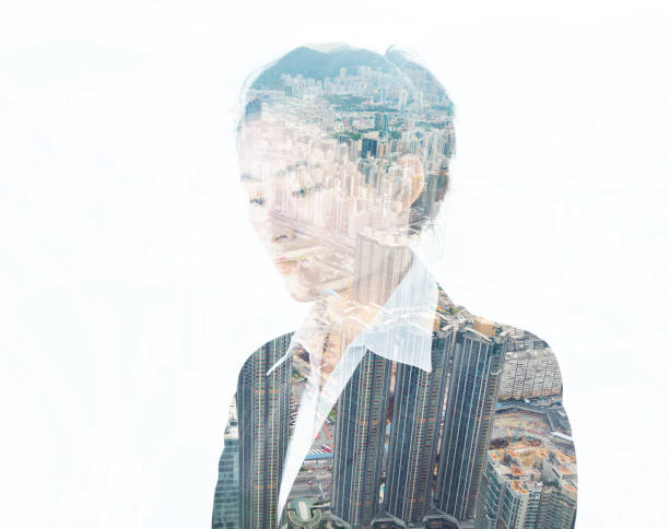 istock Multiple exposure of businesswoman looking down 957990414