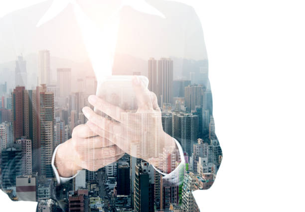 istock Multiple exposure of businesswoman hand text messaging 957990642