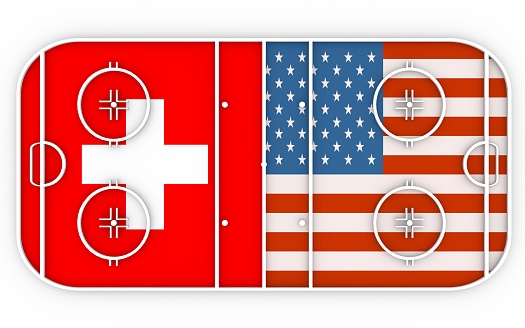 Switzerland vs USA. Ice hockey competition. National flags on playground. 3D rendering