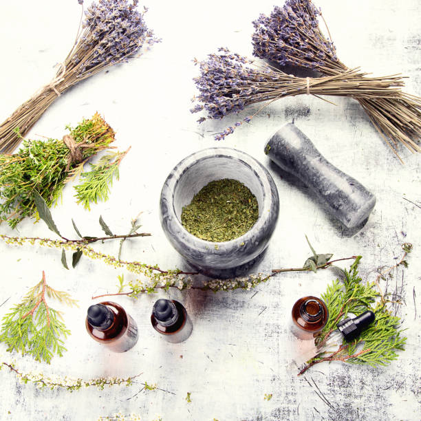 istock Bottles with organic essential aroma oil 957995590