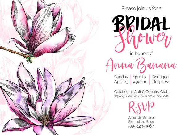 Vector illustration of Vector Bridal Shower Invitation Template With Magnolia Flowers,  Watercolor and Pen and Ink Elements