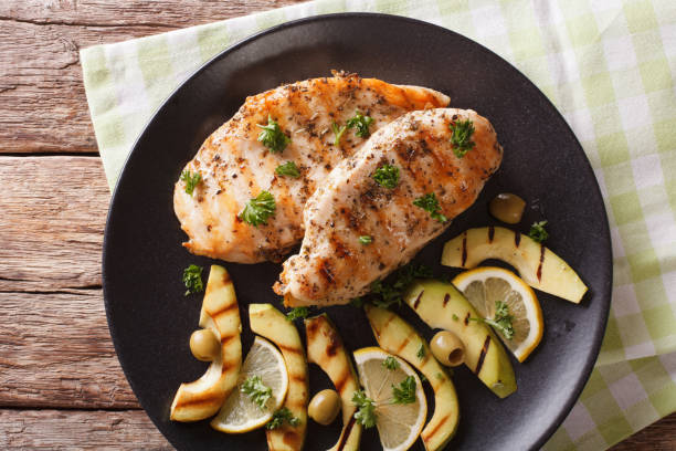 istock Diet Food: Grilled chicken breast with avocado, lemon and olive close-up. horizontal top view 958003256