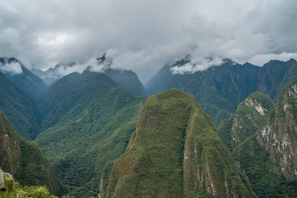 A scenic view of the ancient stone ruins and terraces of Machu Picchu in Peru, featuring the iconic Huayna Picchu mountain under a cloudy sky.