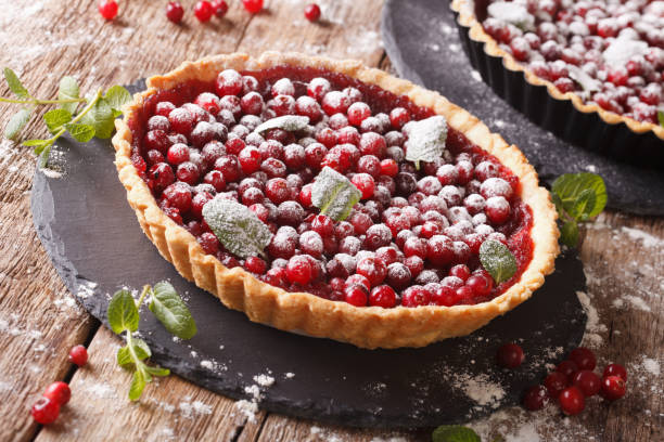 istock cranberry tart with jam, powdered sugar and mint close-up. Horizontal 958003734