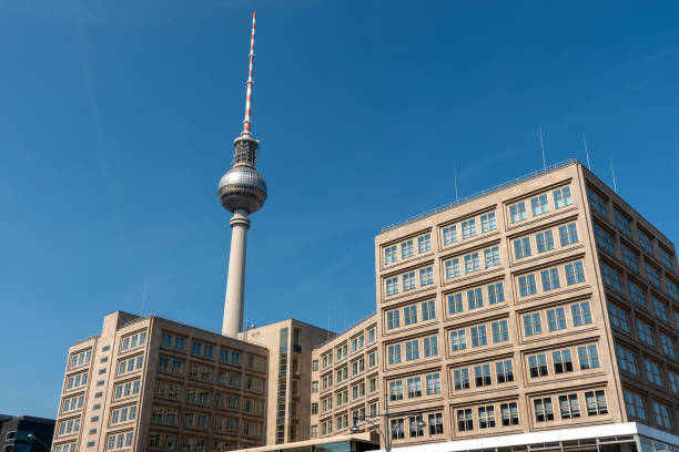 the famous television tower and some buildings from gdr times - plattenbau homes architectural detail architecture and buildings imagens e fotografias de stock