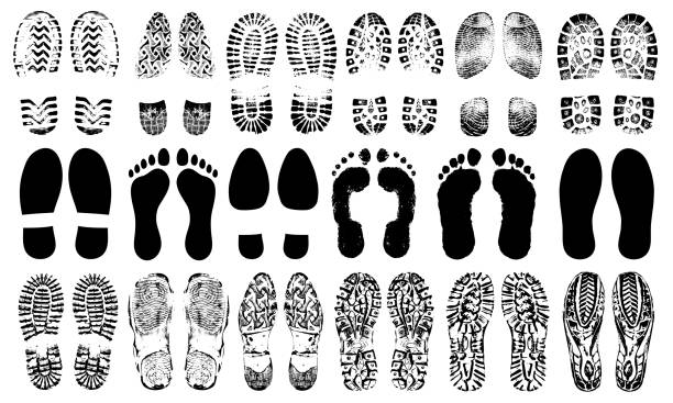 Footprints human shoes silhouette, vector set, isolated on white background. Shoe soles print. Foot print tread, boots, sneakers. Impression icon barefoot Footprints human shoes silhouette, vector set, isolated on white background. Shoe soles print. Foot print tread, boots, sneakers. Impression icon barefoot shoes stock illustrations
