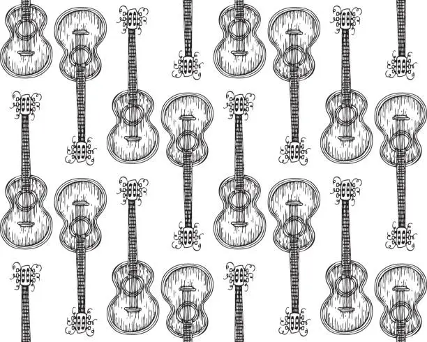 Vector illustration of Black and White Seamless Pattern. Acoustic Guitar