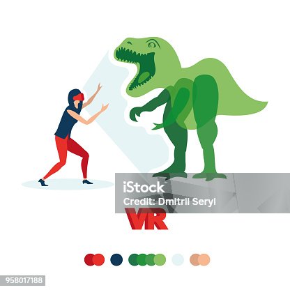 istock Girl sees a dinosaur. VR glasses. 958017188