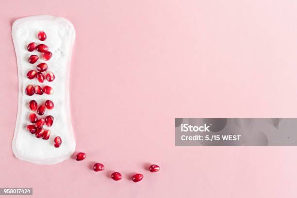 Menstrual Pad With Pomegranate On A Pink Background Top View Copy Space Stock Photo - Download Image Now