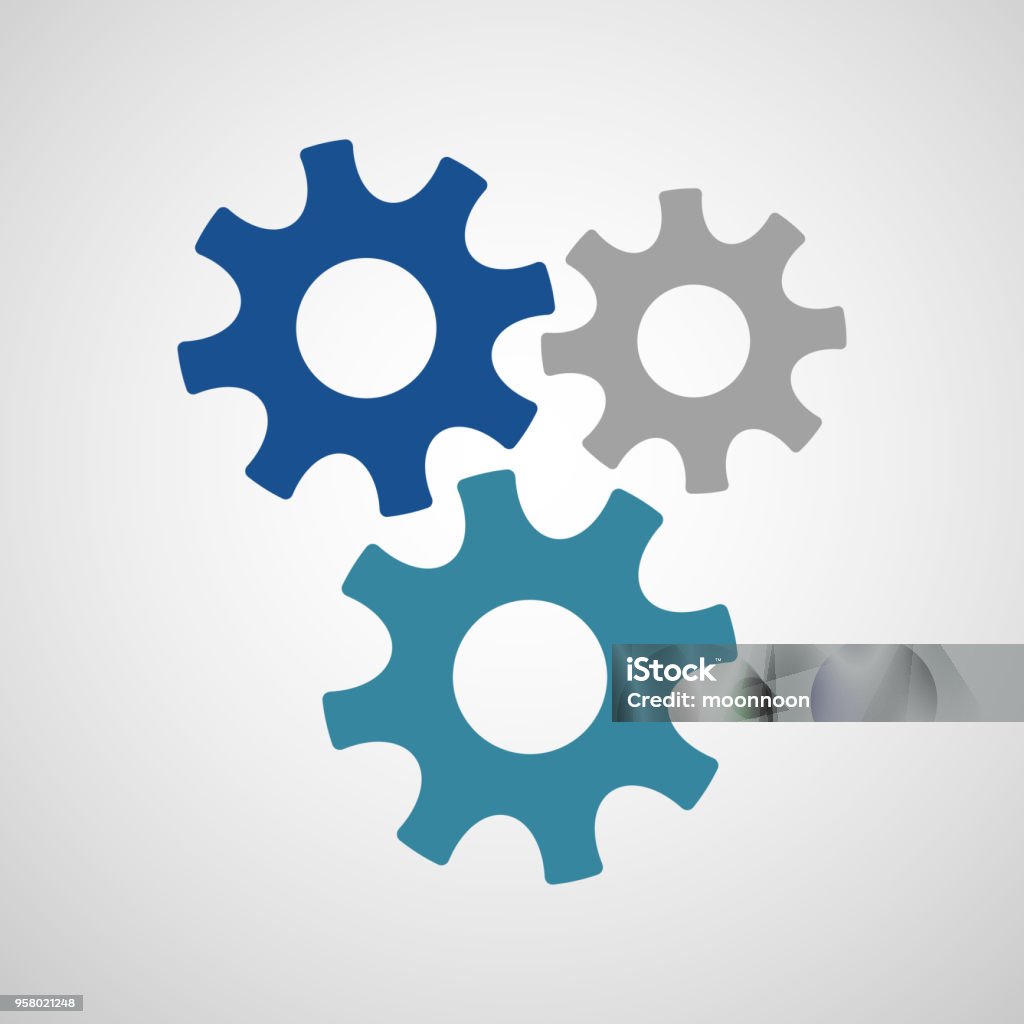 Three connected gears in different colors Three gear wheel machinery vector icon in trendy flat style. Violet and blue cogwheels implies creative teamwork and communication. Suitable for business infographic and presentation. Gear - Mechanism stock vector