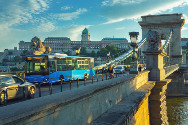 The Chain Bridge in Budapest in a busy afternoon Capital city of Hungary bus hungary stock pictures, royalty-free photos & images