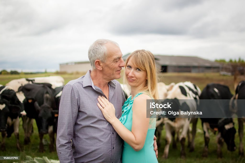 Portrait of Handsome Senior Farmer and His Young Blonde Wife Hugging in Front of Their Black and White Cows Outdoors Portrait of Handsome Senior Farmer and His Young Blonde Wife Hugging in Front of Their Black and White Cows Outdoors. Age Contrast Stock Photo