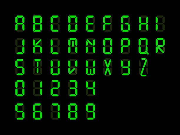 цифровой шрифт. тревожные письма и номера изолированы на черном фоне. векторная иллюстрация. - rendering stock illustrations