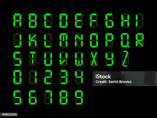 Digital Font Alarm Clock Letters And Number Isolated On Black Background Vector Illustration Stock Illustration - Download Image Now