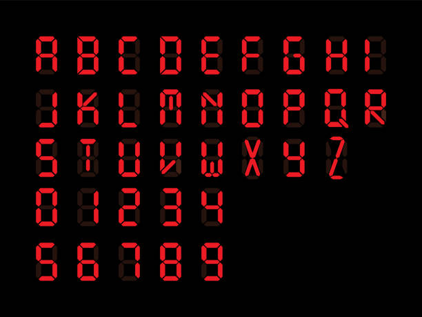 istock Digital font. Alarm clock letters and number isolated on black background. Vector illustration. 958022210
