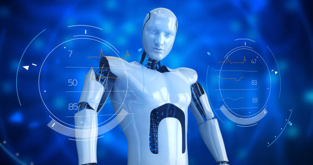 istock Humanoid male robot with digital hub 958022740
