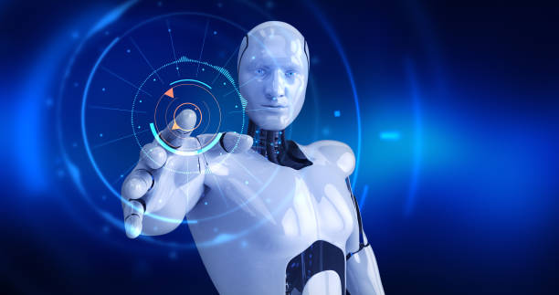 istock Humanoid male robot activating digital hud 958022768