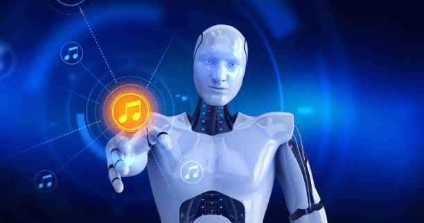 istock Humanoid robot touching on screen then musical note symbols appears 958023090