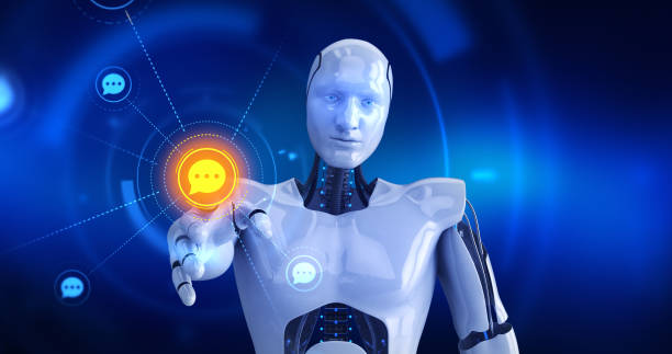 istock Humanoid robot touching on screen then chat symbols appears 958025298