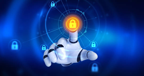 istock Robot hand touching on screen then security lock symbols appears 958025676
