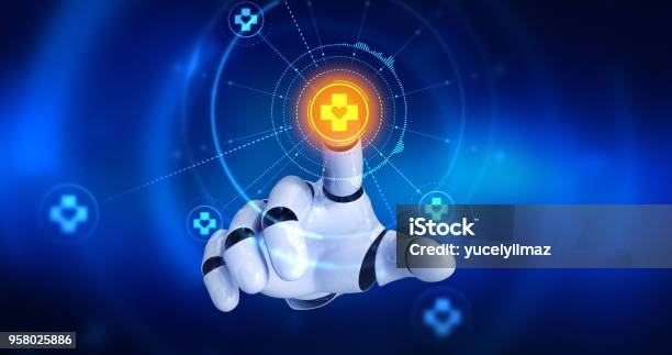 Robot Hand Touching On Screen Then First Aid Symbols Appears Stock Photo - Download Image Now