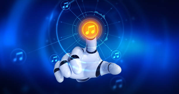 istock Robot hand touching on screen then musical note symbols appears 958025982