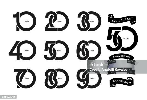 Set Of Anniversary Pictogram Icon Flat Design 10 20 30 40 50 60 70 80 90 Years Birthday Logo Label Black And White Stamp Vector Illustration Isolated On White Background Stock Illustration - Download Image Now