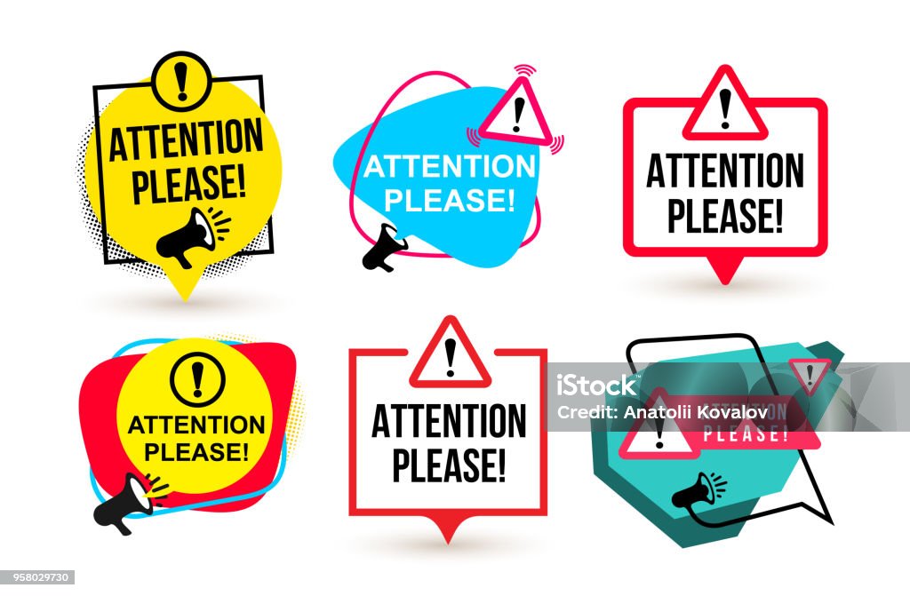 Set of Attention please. Badge with megaphone icons. Flat design. Vector illustration. Isolated on white background Showing Off stock vector