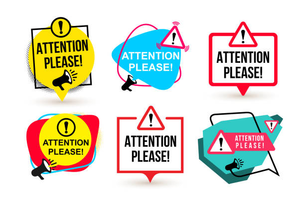 Set of Attention please. Badge with megaphone icons. Flat design. Vector illustration. Isolated on white background Set of Attention please. Badge with megaphone icons. Flat design. Vector illustration. Isolated on white background please sign here stock illustrations