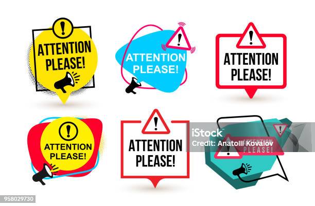 Set Of Attention Please Badge With Megaphone Icons Flat Design Vector Illustration Isolated On White Background Stock Illustration - Download Image Now