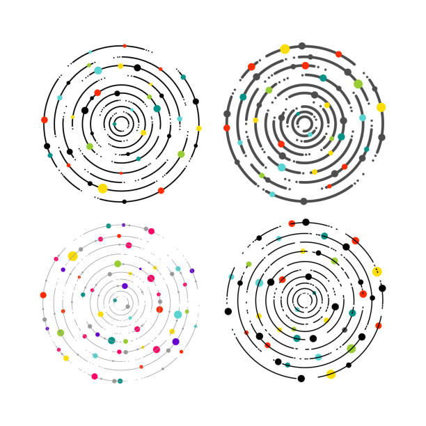 원형 선 및 색 점 들의 집합입니다. 원형 라인 그래픽 패턴, 파선 파문. 기하학적 요소, 동심, 발광 서클, 소용돌이. 벡터 일러스트입니다. 흰색 배경에 고립 - rotary international stock illustrations